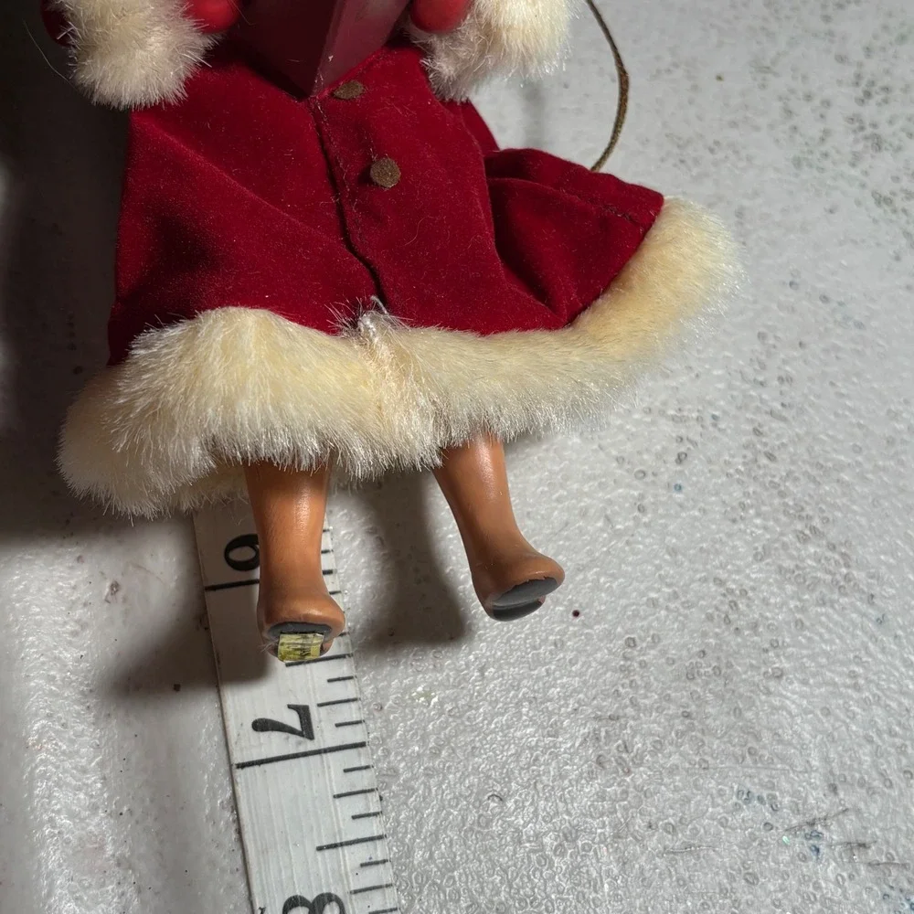 Christmas Ornament Red Velvet Victorian Caroler Porcelain Faux Fur Trim 6.5